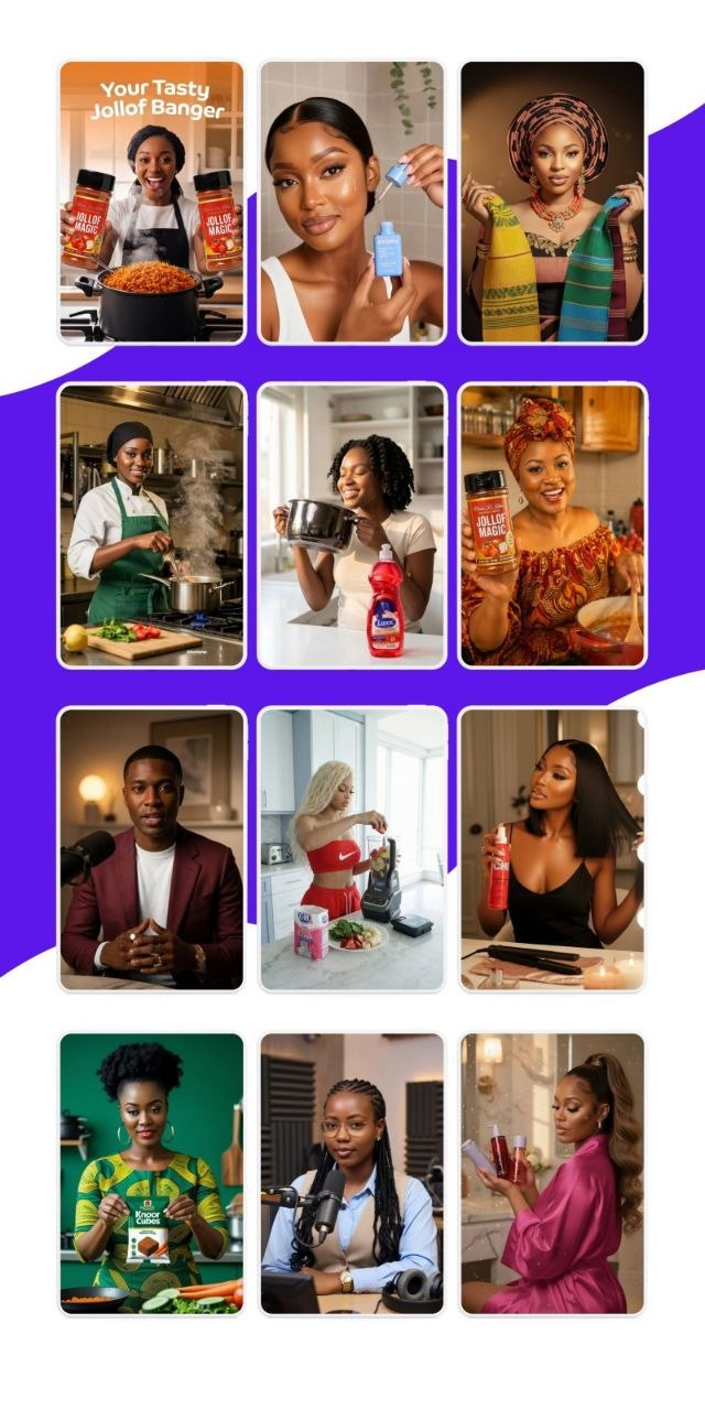 Grid of AI generated UGC advert frames featuring African creators holding real products